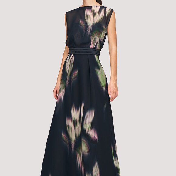 Kay Unger Tess A-Line Chiffon Abstract Print Designer Evening Gown Size 4 - Picture 1 of 6